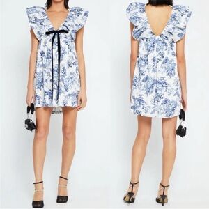 REVOLVE O.P.T didi Blue and White Floral Ruffle Mini Dress with Bow
